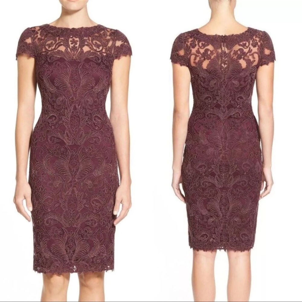 Tadashi Shoji Corded Lace Sheath Dress Women Size 12 Burgundy Excellent